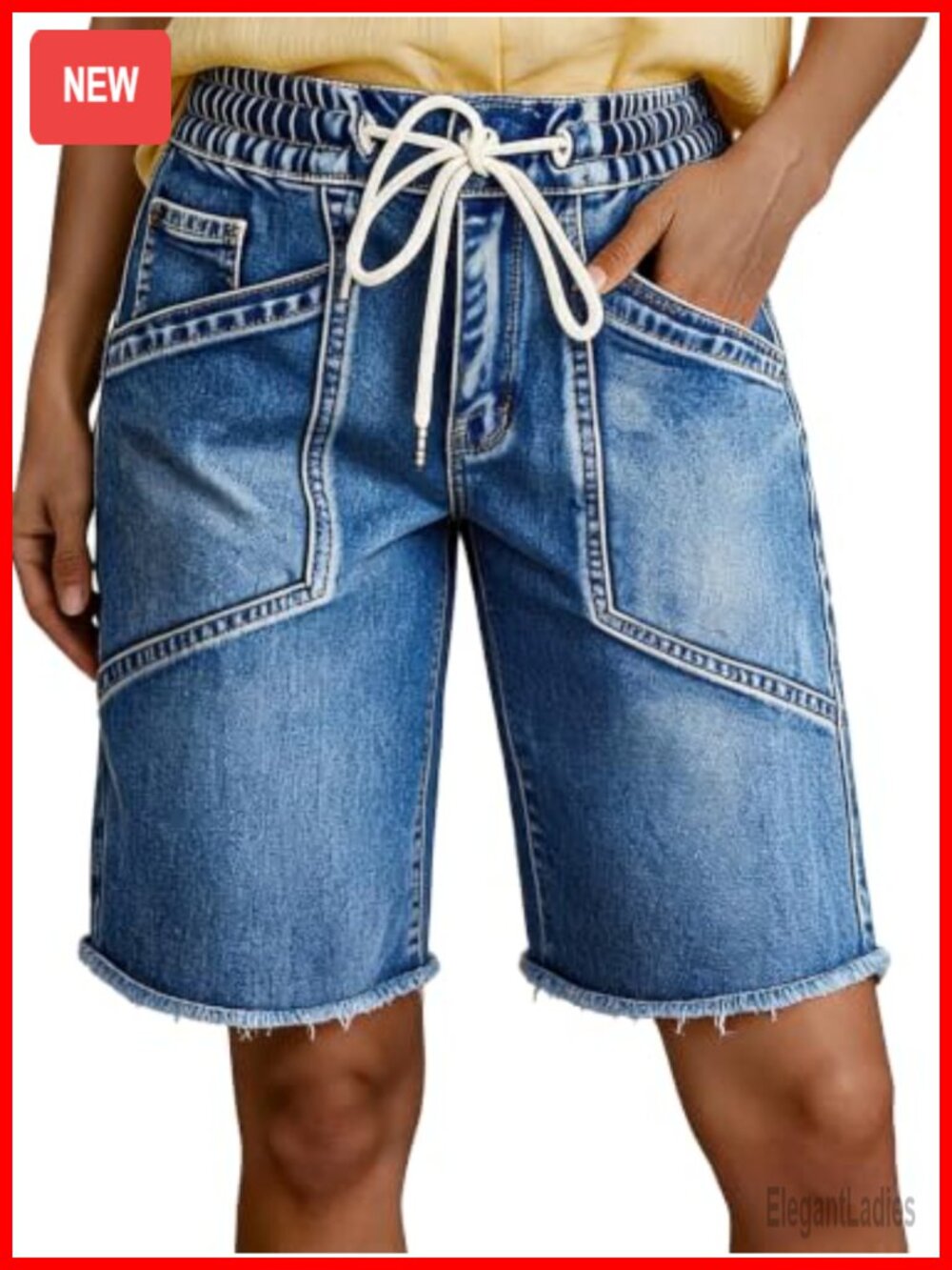 High Waisted Denim Bermuda Shorts Raw Hem Drawstring Casual